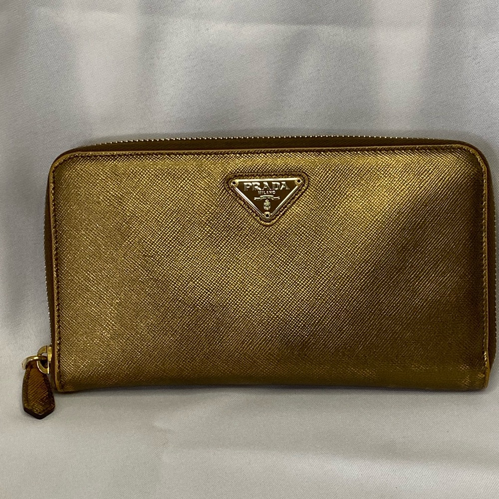Prada metallic gold long zip around wallet